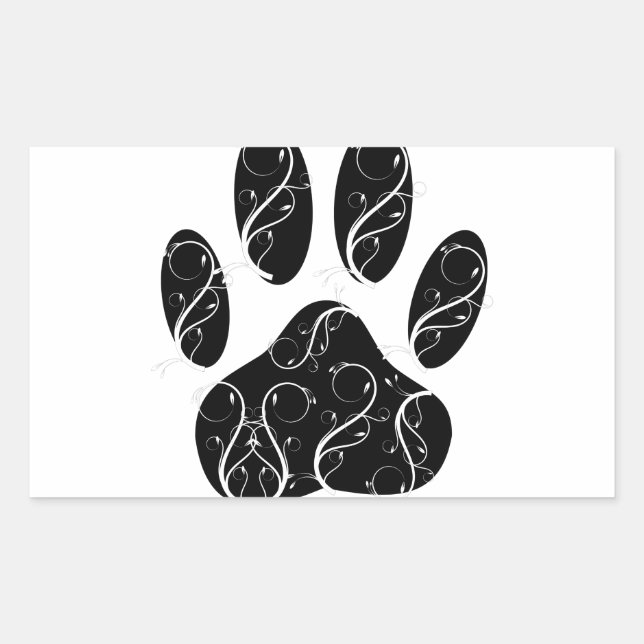 Black Dog Paw Print With White Flourishes Rectangular Sticker (Front)