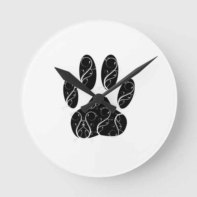 Black Dog Paw Print With White Flourishes Round Clock (Front)
