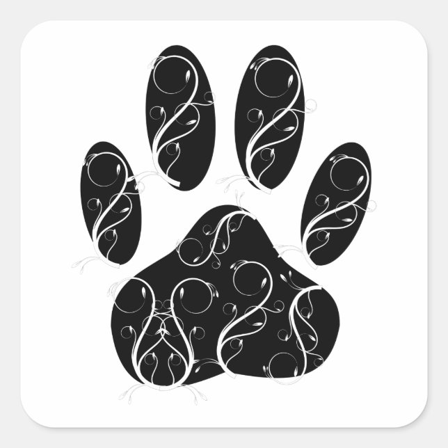 Black Dog Paw Print With White Flourishes Square Sticker (Front)