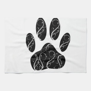 Black Dog Paw Print With White Flourishes Tea Towel