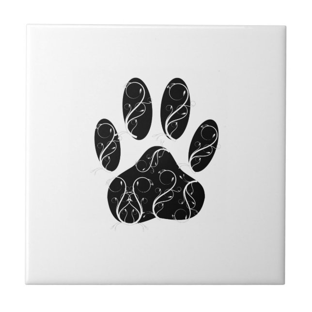 Black Dog Paw Print With White Flourishes Tile (Front)