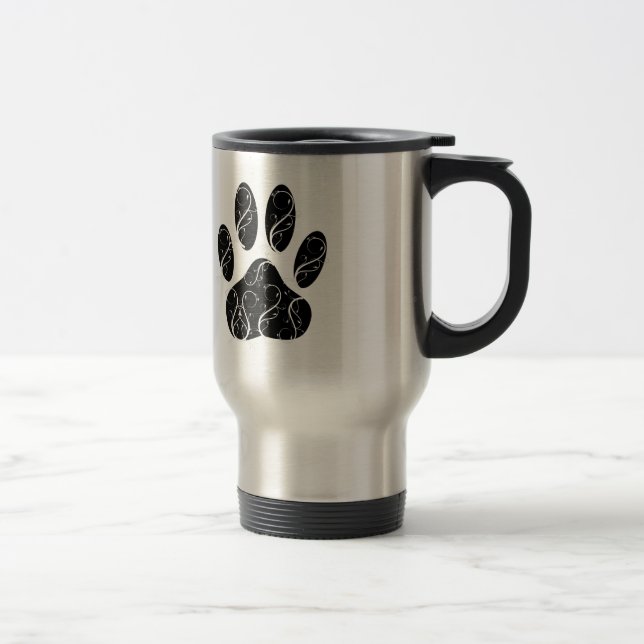 Black Dog Paw Print With White Flourishes Travel Mug (Right)