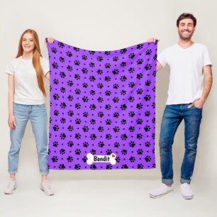Black Dog Paw Prints and Hearts Pattern Fleece Bla Blanket