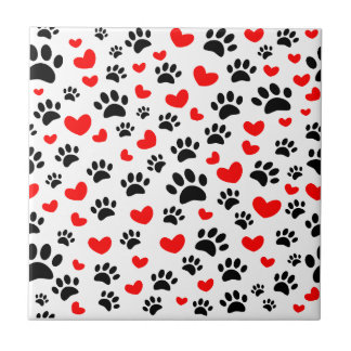 Black Dog Paw Prints And Red Hearts Custom Tile