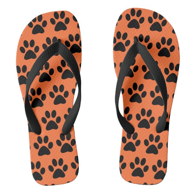 Black Dog Paw Prints On Carrot Orange Flip Flops (Footbed)
