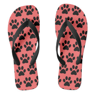 Black Dog Paw Prints On Dark Coral Flip Flops