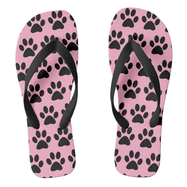Black Dog Paw Prints On Light Pink Flip Flops (Footbed)