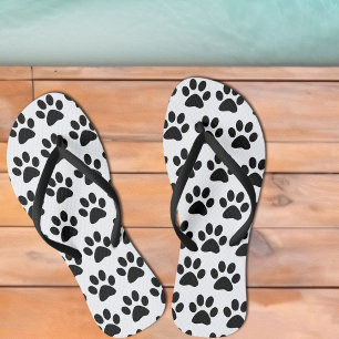 Black Dog Paw Prints On White Flip Flops