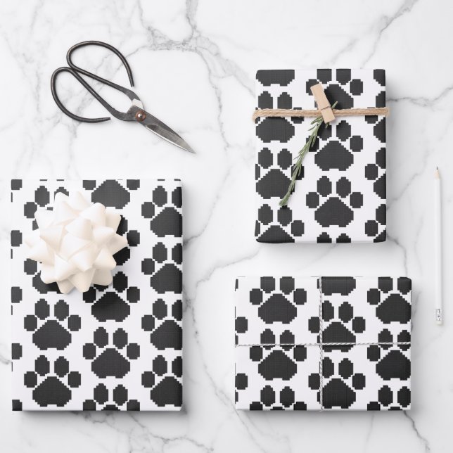Black Dog Pawprint Building Blocks Wrapping Paper Sheet (Front)