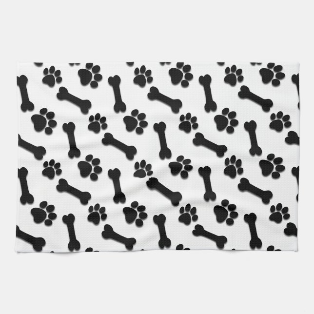 BLACK Dog Paws and Bones Custom Name and Sentiment Tea Towel (Horizontal)