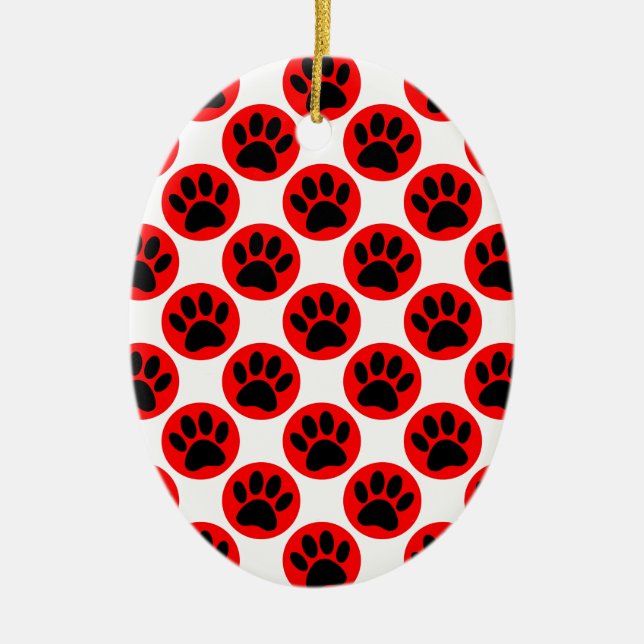 Black Dog Paws In Red Polka Dots Ceramic Tree Decoration (Front)