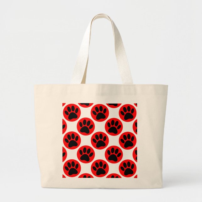 Black Dog Paws In Red Polka Dots Large Tote Bag (Front)