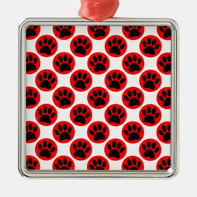 Black Dog Paws In Red Polka Dots Metal Tree Decoration (Front)