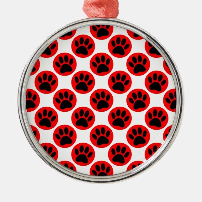 Black Dog Paws In Red Polka Dots Metal Tree Decoration (Front)