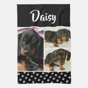 Black Dog Pet Lover Photo Collage Pawprint Tea Towel