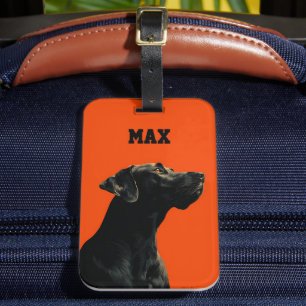 Black Dog Portrait on Orange Background Luggage Tag