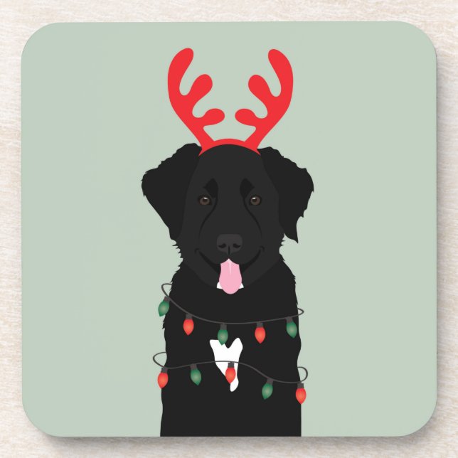 Black Dog Reindeer Christmas Lights Coaster (Front)
