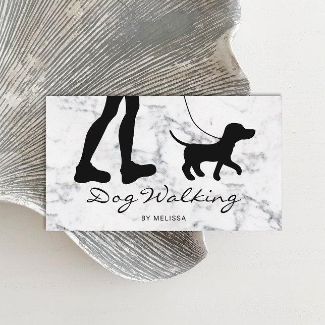 Black Dog Walker Silhouette On Faux Marble Business Card (Creator Uploaded)