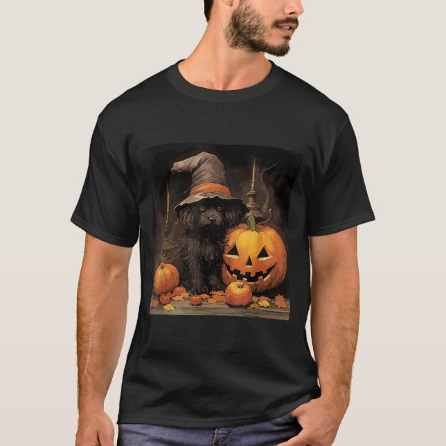 Black Dog Witch Hat Halloween T-Shirt (Front)