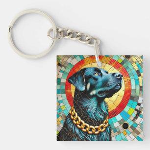 Black Dog With Stained Glass Background Key Ring