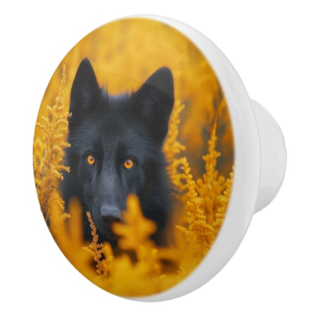 Black Dog with Stunning Gold Eyes Ceramic Knob (Right)