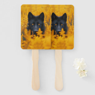 Black Dog with Stunning Gold Eyes Hand Fan