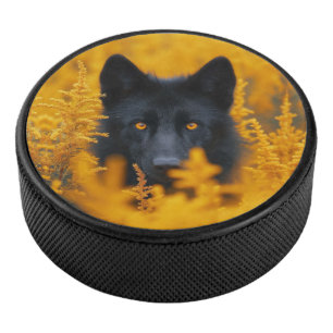Black Dog with Stunning Gold Eyes Hockey Puck