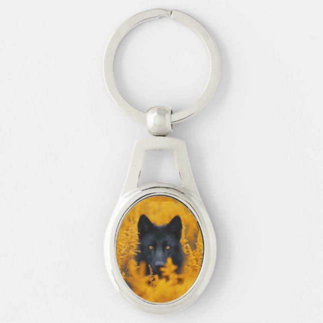 Black Dog with Stunning Gold Eyes Key Ring (Front)