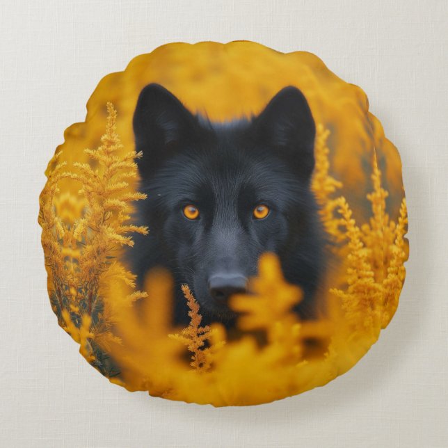 Black Dog with Stunning Gold Eyes Round Cushion (Front)