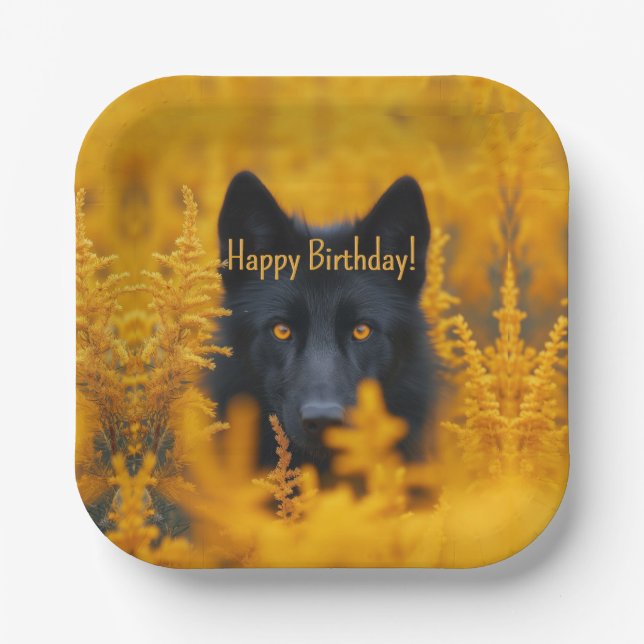Black Dog Wolf with  Gold Eyes Happy Birthday Paper Plate (Front)