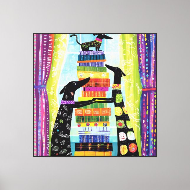 Black Dogs Balancing Book Tower Stack Canvas Print (Front)