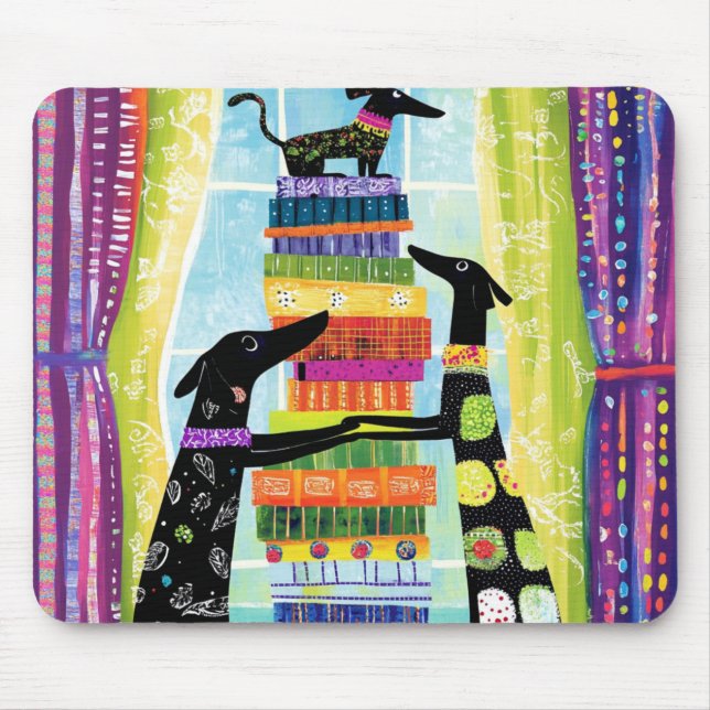 Black Dogs Balancing Book Tower Stack Mouse Mat (Front)
