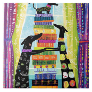 Black Dogs Balancing Book Tower Stack Tile