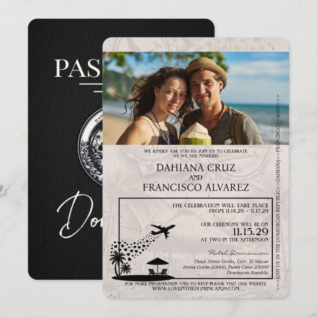 Black Dominican Republic Passport Wedding Invitation (Front/Back)