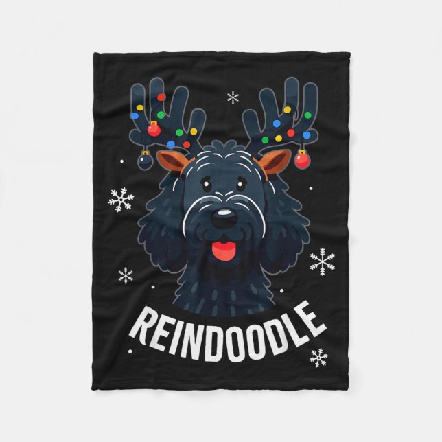 Black Doodle Dog Reindoodle Reindeer Doodle Christ Fleece Blanket (Front)