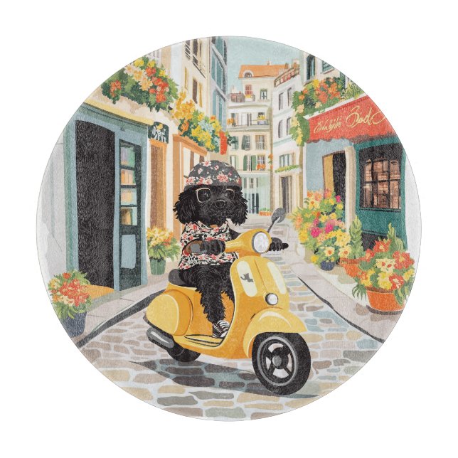 Black Doodle Riding Scooter European City Streets Cutting Board (Front)