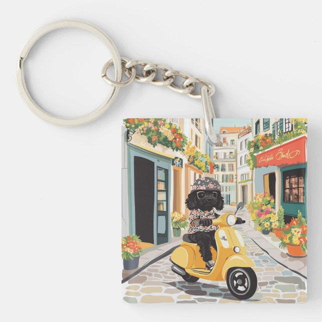 Black Doodle Riding Scooter European City Streets Key Ring (Front)