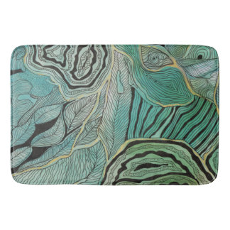 Black Doodled Leaves on Teal and Gold Bath Mat
