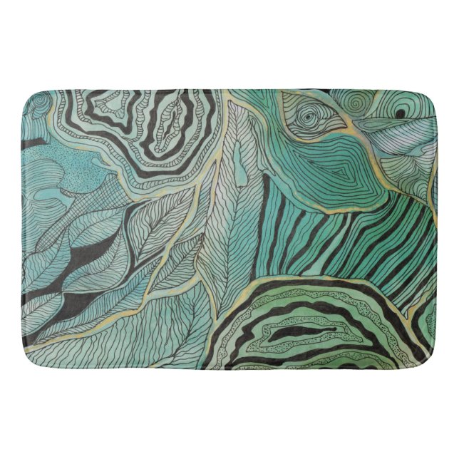 Black Doodled Leaves on Teal and Gold Bath Mat (Front)