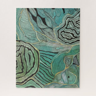 Black doodled Leaves on Teal and Gold Puzzle