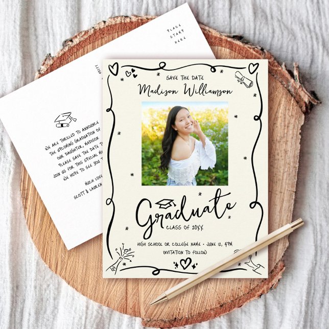 Black Doodles Graduation Save the Date Photo Cream Invitation Postcard (Creator Uploaded)