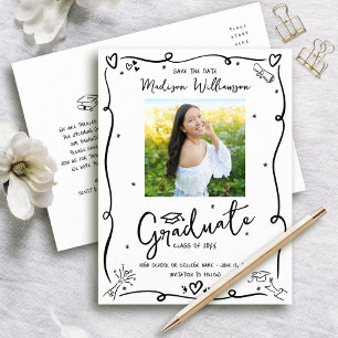 Black Doodles Graduation Save the Date Photo White Invitation Postcard