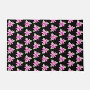 Black Door Mat With Bright Pink Floral Pattern