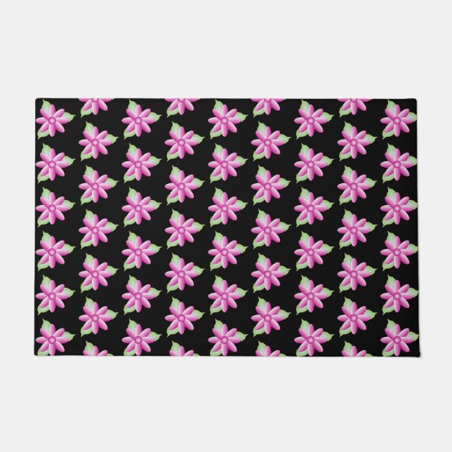 Black Door Mat With Bright Pink Floral Pattern (Front)