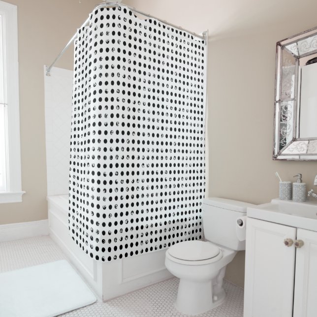 Black Dots | Black and White Modern Art Deco Shower Curtain (In Situ)