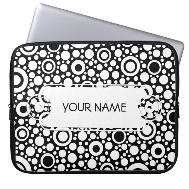 Black Dots & Circles Grid + your backgr. & text Laptop Sleeve (Front)