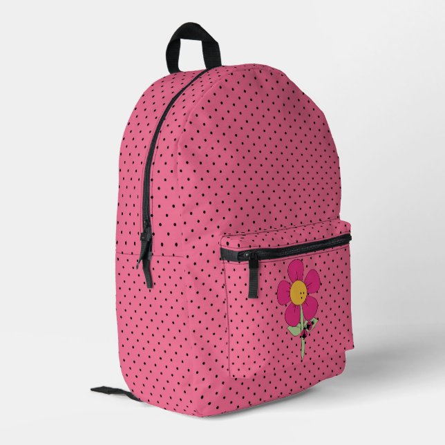 Black Dots On Pink With Ladybugs Printed Backpack (Back Corner Left)