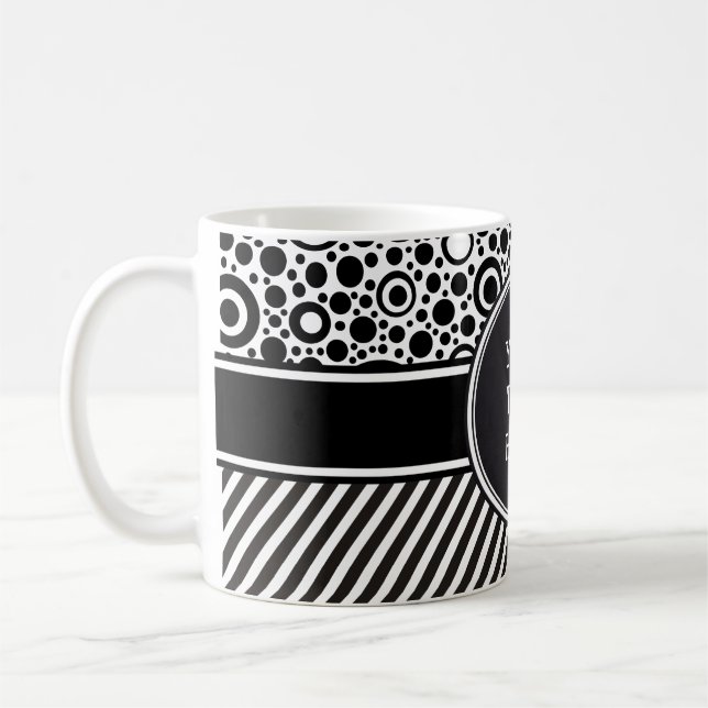 Black Dots & Stripes Grid + your backgr. & text Coffee Mug (Left)