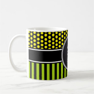 Black Dots & Stripes Grid + your backgr. & text Coffee Mug