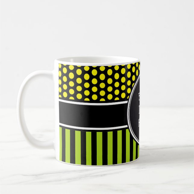 Black Dots & Stripes Grid + your backgr. & text Coffee Mug (Left)